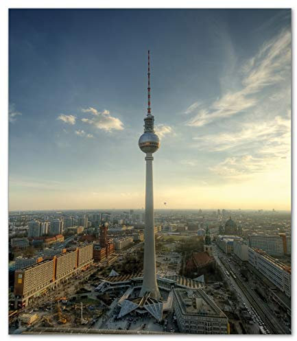 Wallario Herdabdeckplatte/Spritzschutz aus Glas, 52 x 60 cm, 1-teilig, für Ceran- und Induktionsherde, Motiv: Fernsehturm Berlin mit Panoramablick über die Stadt