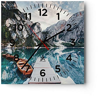 Modern Wanduhr Boote Berge Hafen 40x40cm Quadrat Groß Wand Uhr Glas Analog Zimmeruhren Küche Büro Wohnzimmer Glasuhr Wall Clock Dekoration Design Wanddekoration Küchenuhr C4AC40x40-5068