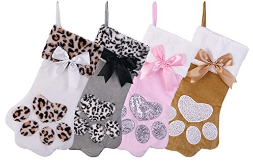 Liuyoyo 4 Stück Haustier-Weihnachtsstrümpfe für Hunde und Katzen, 53,3 cm Weihnachtsstrumpf mit großer Pfote, Kamin, zum Aufhängen für Urlaub, Weihnachtsdekoration