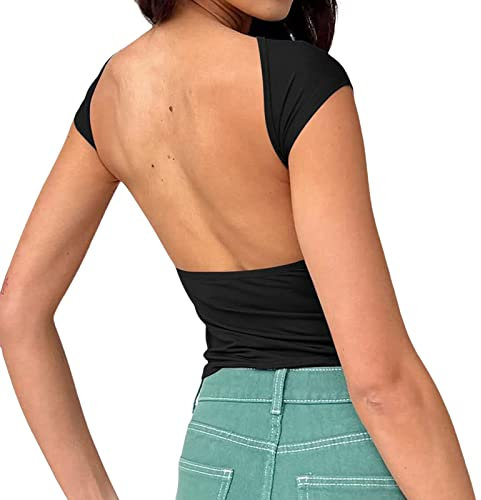 Geagodelia Damen Sexy Rückenfreies Oberteil Y2k Fashion Backless Top Crop Top Cut Out T-Shirt Bluse Skims Sommer Clothes Outfit Aesthetic (A - Schwarz, S)