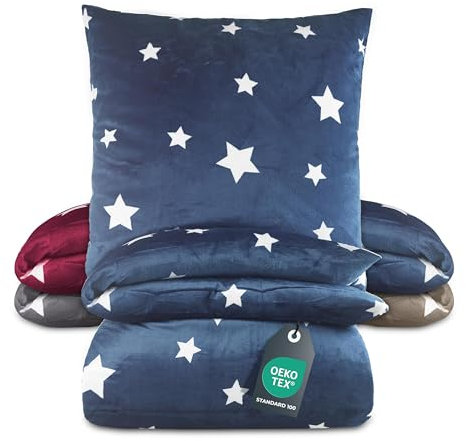 BaSaTex Winter Plüsch Bettwäsche Set Sterne Nicky-Teddy Cashmere-Touch | 135x200 155x220 + 80x80 Kissenbezug |Größe: 155x220 | Farbe: Blau