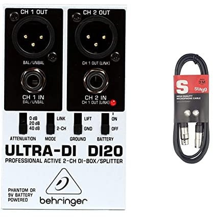 Behringer DI20 Ultra-DI 2 Channel DI Box/Splitter & Stagg 3M / 10ft XLR to XLR Cable, 3-Pin Male to Female, Suitable for Microphone, PA System, Audio Mixer, Studio Monitors, Audio Recording