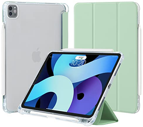 4UBonLife Case for iPad Pro 11 inch Case 2022/2021/2020/2018 (4th/3rd/2nd/1st Generation) with Pencil Holder, Slim Stand Case Soft TPU Back Cover, Support 2nd Pencil Wireless Charging, Mint Green