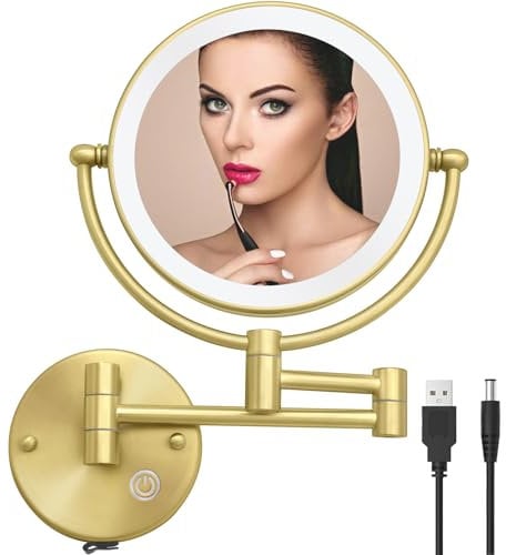 RECKODOR Schminkspiegel mit LED Beleuchtung Wandmontage,1X/5X Vergrößerung Kosmetikspiegel mit Touchschalter USB Wiederaufladbar, Rasierspiegel 360° Drehbar Spiegel für Badezimmer, Spa und Hotel