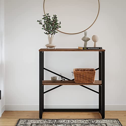 furniChic Konsolentisch fürs Wohnzimmer, Beistelltisch mit 2 Ablagen, Sofatisch, Stahlgestell, Flurtisch, Industrieller Design, 85x30x80cm (BxTxH), Sacramento Oak