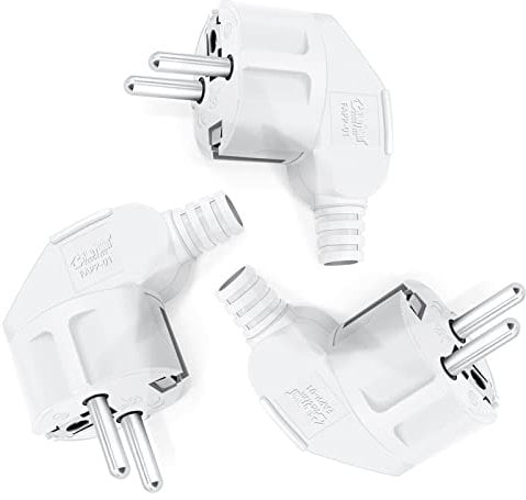 Schuko Stecker, Stecker 250V, Stromstecker mit Zugentlastung, Schutzkontakt-Stecker mit Knickschutztülle, Spritzwassergeschützt und Langlebig, IP20, Bruchfest, Weiß - 3 Stücke White