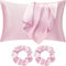 Seiwohl 2 pack Satin Silk Pillowcases for Hair and Skin, Pink Pillow Case 2 Pack with Hair Silk Scrunchies, Cooling Pillow cases with Envelope Closure, Standard Size 50x75 cm