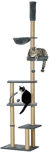 PawHut Floor to Ceiling Cat Tree for Indoor Cats, 6-Tier Play Tower Climbing Activity Center with Scratching Post, Platforms, Bed, Hammock, Adjustable Height 230-250cm, Grey