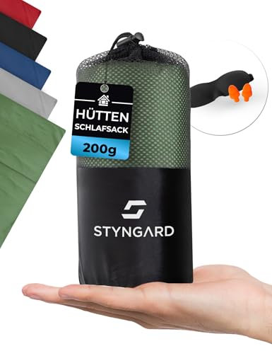 STYNGARD 2in1 Hüttenschlafsack Ultraleicht aus Mikrofaser [200g] - Ultraleichter Schlafsack kleines Packmaß - Dünner Schlafsack Inlett leicht & weich - Modell Hanoi (mit Reißverschluss, Army Green)