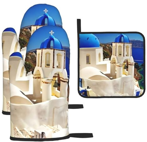 Santorini Ofenhandschuhe und Topflappen, griechische Insel, Meerblick, hitzebeständig, Topflappen, Topflappen, Küchenhandschuhe und Pad zum Backen, Kochen, Grillen, Grillen, Grillen, Grillen, Grillen,
