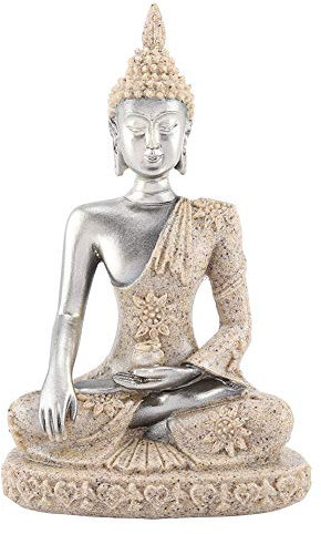 Emoshayoga Buddha Figur Meditation Buddha Figuren Sitzende Buddha Deko Skulptur aus Sandstein Ornament für Heimdekoration Kontemplative Sitzende (Silber)
