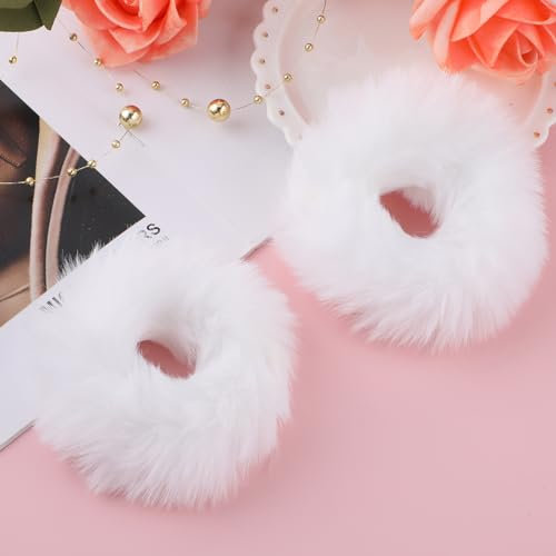 2 Stücke Haargummi Scrunchie Weiß Pom Pom Stirnbänder Plüsch Kratzbänder Faux Kaninchen Haar Blase Elastische Baby Scrunchies Pferdeschwanz Haarschmuck Mädchen Weiß Haargummis