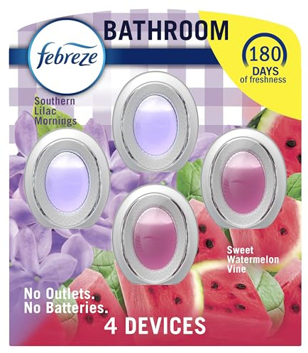 Febreze Bathroom Air Freshener, Odor-Fighting, Plug In Alternative, Air Fresheners for Small Spaces in Home, Bathroom, Kitchen, & Closet, Lilac & Watermelon Scents, 4ct (2 of Each Scent)