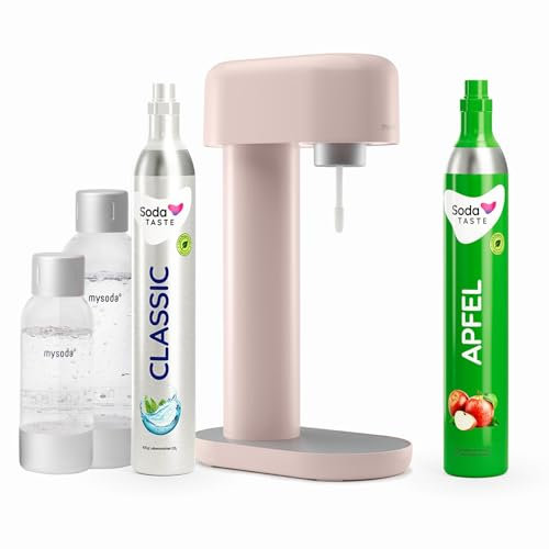 Sparpaket: Mysoda Ruby - Wassersprudler aus Aluminium mit 1L und 0,5L BPA-freier Plastikflasche, CO2-Zylinder Classic + CO2-Zylinder Apfel (Rosa)