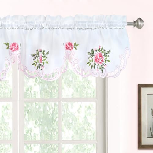Molaxhome Schillernd Bestickt Scheibengardinen Kurzstores Fenster Valance Küchengardinen Bistrogardine Fenstervorhang Küche Vorhänge Fensterschal, Stabtasche Valance 146x35 Rosa