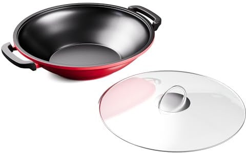 ToCi Wok-Pfanne aus Gusseisen, Emaillierte Pfanne & Wok, Große & Tiefe Beschichtete mit Deckel & Griffen, Antihaft Pan für Induktion, Glaskeramik, Backofen, Gas- & Elektroherd