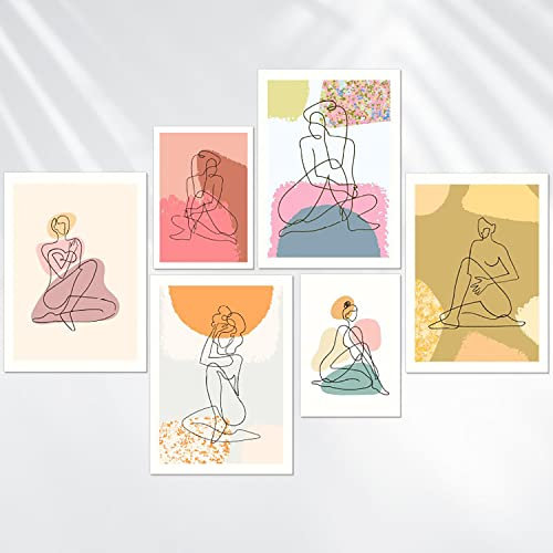 AREDE 6er Set Wandkunst Gemälde Bild Poster Frauen bunter Minimalismus | 4 x A3 (30x42cm) + 2 x A4 (21x30cm) | Wandbilder Wanddekoration Home Office Wohnzimmer Schlafzimmer Dekoration | OHNE Rahmen