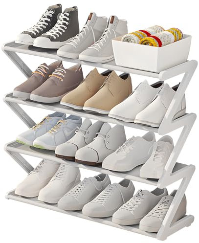 FZQBEY Schuhregal Mit 4 Ebenen, Schmal Und Platzsparend, Shoe Rack, Schuhablage, Schlank Stapelbar Fußwarenaufbewahrung Für Flur, Kein Werkzeug Erforderlich (Weiß, Groß)