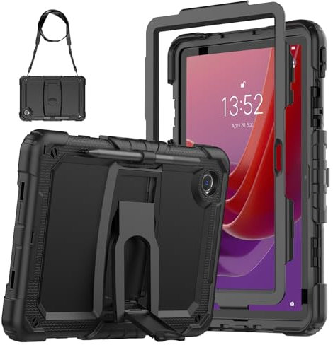 SEYMAC Funda para Lenovo Tab M11 2024 (TB-330FU/TB-331FC), Funda para Lenovo Tab M11 a Prueba de Golpes con Protector de Pantalla/Soporte Plegable/Correa para el Hombro, Funda para Tab M11, Negro