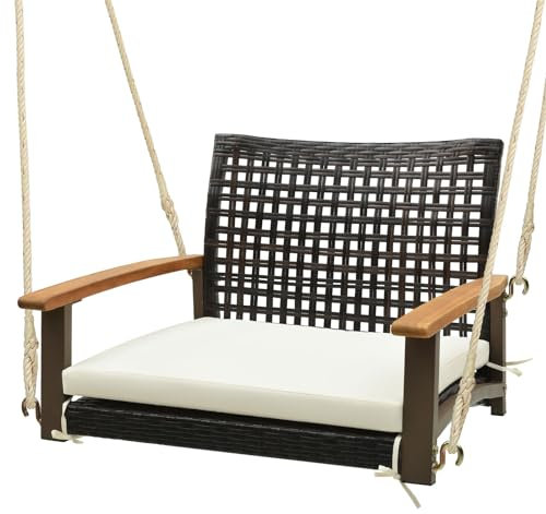 COSTWAY Columpio Jardín de Ratán, Silla Colgante con Cojín y Reposabrazos de Madera Acacia, Hamaca Colgante Exterior, Marco De Metal Resistente, 81,5 x 70 x 53,5 cm, Carga 180kg