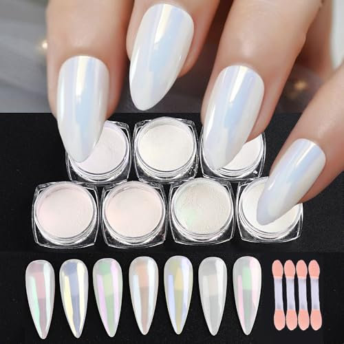 GZSYY Perle Chrom Nagelpuder White Pearl Chrome Nail Powder 7PCS Aurora Ice Shimmer Chrome Pigment Pulver Mirror Nail Glitzerpuder