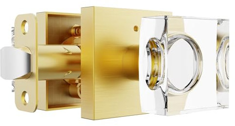 Brushed Gold Door Knob Privacy Crystal Glass Interior Lock, Satin Brass Modern Square Bedroom Bathroom Lockable Door Handle