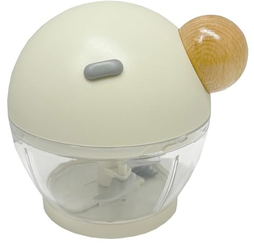 Easy Pull Hand Food Chopper, 1.5 Cups, Manual Vegetable Slicer & Dicer, White-Natural, Non-Skid Base, Plastic Grip with Real Wood Pulley, 3 Stainless Steel Blades, Perfect for Home Kitchen