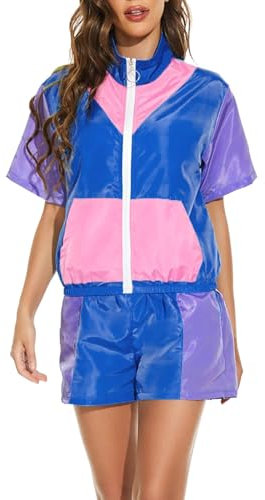 Generisch 80er Jahre Outfit Herren Damen Kostüm Trainingsanzug Pop Art Retro Stil Kostüm Accessoires set mit Aufblasbares Radio Sonnenbrille Halskette Schweißband KostüM Mann Damen KostüM Karneval