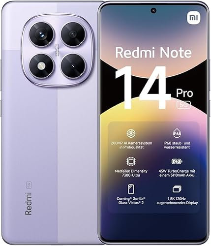 xiaomi Redmi Note 14 Pro 5G smartphone, 12+512GB, Lavender Purple, 200MP pro-grade AI camera, IP68, 45W turbo charging with 5110mAh battery, AI features (no charger included), 2 year Warranty