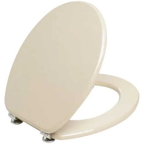 Copriwater Forma Universale Sedile Vaso WC Champagne Avorio Completo di Cerniere Metallo Cromato Lucido e Viti di Fissaggio