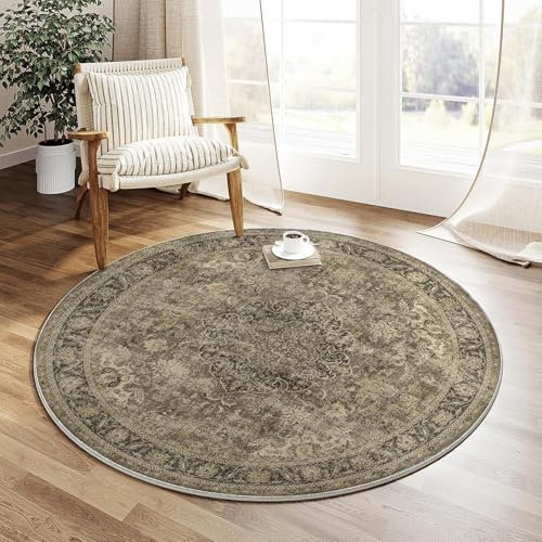 HUGEAR Waschbarer Braun Vintage Teppich Rund 120cm Runder Wohnzimmer Schlafzimmer Rutschfester Tepich Kurzflor Schlafzimmer Carpet Living Room Bedroom Esszimmer Teppiche Büro