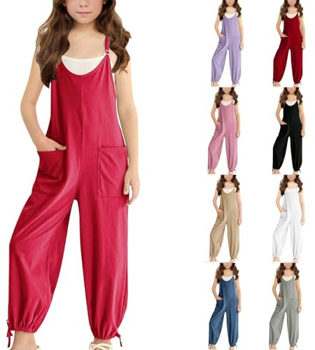 Salopette per ragazze, salopette con spalline sottili regolate, senza maniche, vestibilità larga, estiva casual, pagliaccetto con tasche, gamba larga, spalline sottili, tinta unita (nero, 11-12 anni)