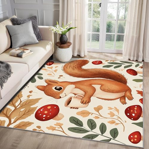 MMYAOKEN Eichhörnchen Teppich Wohnzimmer 60x90 Cartoon Waldtiere Deko, Kleiner Teppich Kurzflor, Weich rutschfest Waschbare Teppiche, Fußmatte Bettvorleger Schlafzimmer
