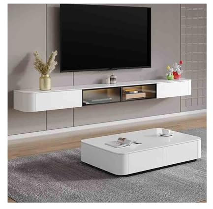 UQACHG Mobile Tv Sospeso Con Luci A Led, Mobile Tv A Parete Con Anta A Ribalta In Vetro, Mobiletto Multimediale Bianco Moderno Per Soggiorno E Camera Da Letto.,One Color-200cm