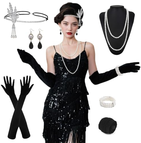 TOSZOLY 20er Jahre Kostüm Damen Set, 1920er Flapper Charleston Kleid mit Pailletten und Fransen, Gatsby Kleid Vintage Outfit Accessoires für Karneval, Halloween, Fasching & 20s Motto Party (M)
