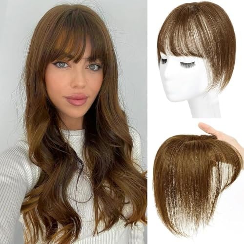 Echthaar Topper Mit Pony 360° 3D Abdeckung Topper Für Frauen Remy Echthaarteile Für Frauen Mit Dünner Werdendem Haar Glatter Clip in Pony Mit Toppers(Hellbraun #6, 20cm 8 Zoll)