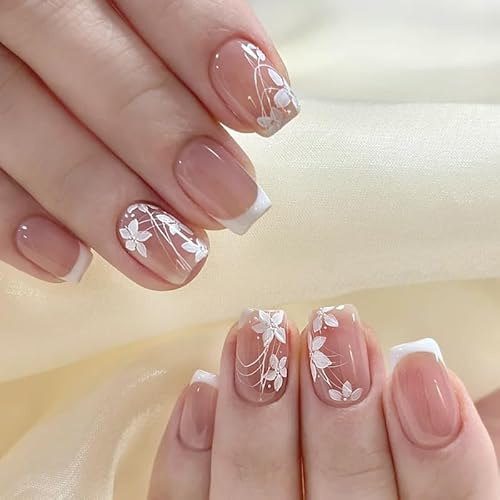 30Pcs Floral French Tip Press on Nails,Short Square Glossy Naked False Nails with Flower Design, 3 Sizes Fake Nails with Tool set for Women Manicure