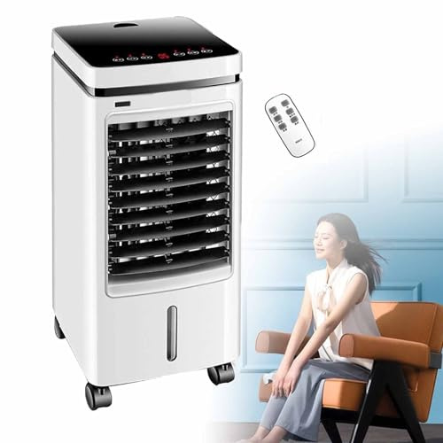 60W Evaporated Air Cooler with 5L Water Tank (top And Bottom), Remote Control, 3-speed, 8H Timer And 360° Universal Wheel for Portable Cooling in Home Office,White