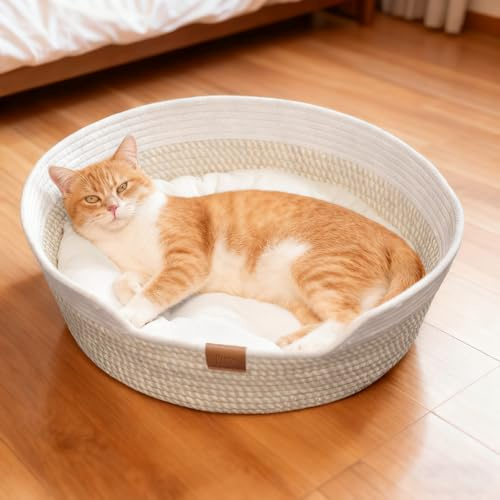 YushengTai Panier rond pour chat de 50 cm – Panier tressé à la main en cordes de coton avec coussin doux – Respirant et lavable pour toutes les saisons – Idéal pour les chats et les petits chiens