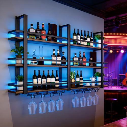 amhricho Botellero de Pared con Luces LED,Estante Flotante de Metal de 3 Niveles para Licores, con Soporte para Copas, de Hierro y Madera, para Bar, Cocina y cafetería (Black, 140cm)