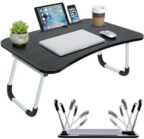 LKH Lap Tray Folding Desk Laptop Table Bed Desk with Cup Holder Tablet Slot | Portable Bed Tray with Anti-Slip Legs, Laptop Table for Bed, Sofa & Home Office, Iron Frame for Reading & Breakfast
