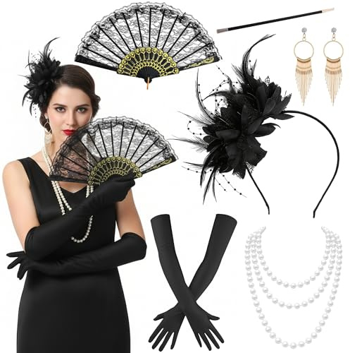 8-teiliges 20er Jahre Accessoires Damen - 1920er Flapper Stirnband Handschuhe Halskette Ohrringe und Spitzenfächer, Great Gatsby Set Zubehör für Karneval Halloween Fasching 1920s Party