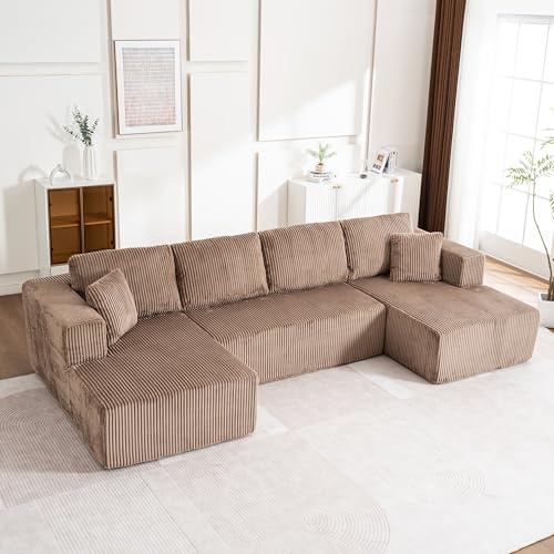 Muskel Modular U-Form Ecksofa aus Cord, Vollkomprimiertes Boneless Couch ohne Montage, mit Chaiselongue Schlaffunktion, Modernes 4-Sitzer Wohnzimmer Couch, Braun-U