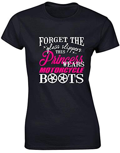 Hippowarehouse Forget The Glass Slippers This Princess Wears Motorcycle Boots Motorbike Biker Womens Fitted Short Sleeve t-Shirt (Specific Size Guide in Description) Black