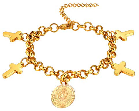 FaithHeart Jungfrau Maria Armband mit Anhänger Kreuz in Goldfarbe aus 316L Edelstahl für jeden Anlass