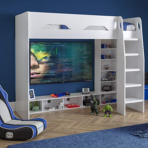 happybeds Wooden Gaming Bed, Galaxy White Wooden Gaming High Sleeper Frame - 3ft Single (90 x 190 cm) with Orthopaedic Mattress Included