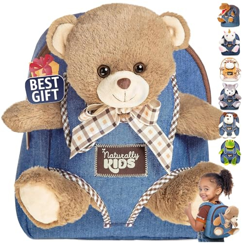 Naturally KIDS Toddler Backpack w. Plush Bear Toy, Kids Gift 2 3 4 5