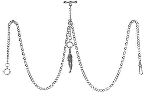 TREEWETO Taschenuhrkette mit T Bar Endstück Gesamtlänge 72cm Doppel Albert T-Bar Taschenuhr Kette mit Antiker Blatt Anhänger und 3 Haken für Weste Knopfloch Silber