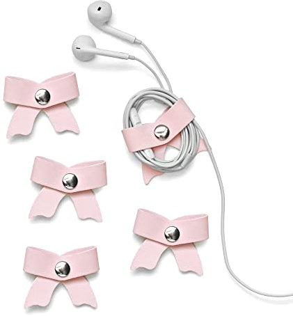 SenseAGE 5 Pack Cord Organizer, Bow Cord Keeper, Cable Organizer USB holder, Leather Cable Management, Cable Straps, Earphone winder, Straps for Electronics, Earbuds, USB Charging Cords, Small, Pink