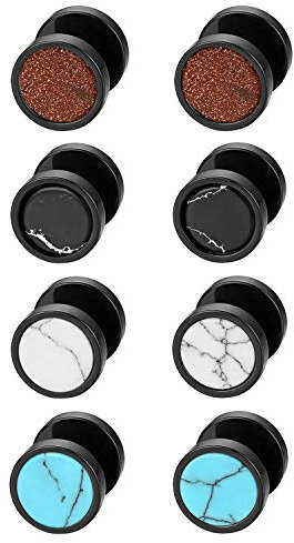 JewelryWe Schmuck 4 Paare Fake Plug Ohrstecker Edelstahl künstliche Stein sandgestahlt Rund Kreis Ohrringe Fakeplugs Ohr Cheater Tunnel Barbell Gauges Ohr-Piercings für Herren Damen
